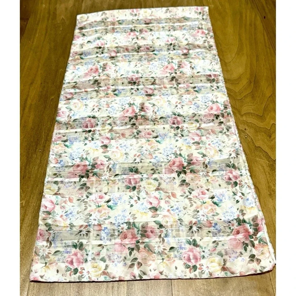 Vintage Silk Feel Floral Scarf Pastel Rose Chintz Sheer Stripe 59